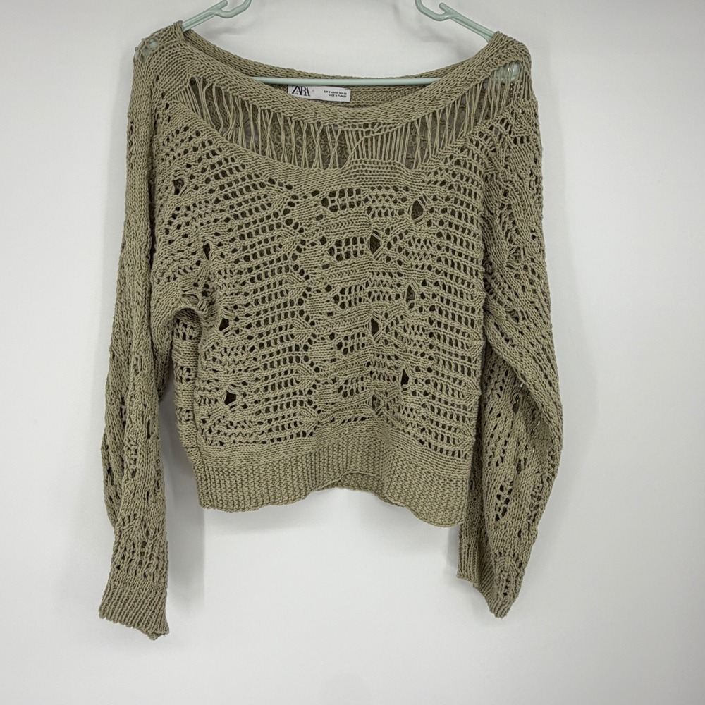 Zara Women Crochet Open Knit Sweater Sage Green Long Sleeve Size S Boho Top